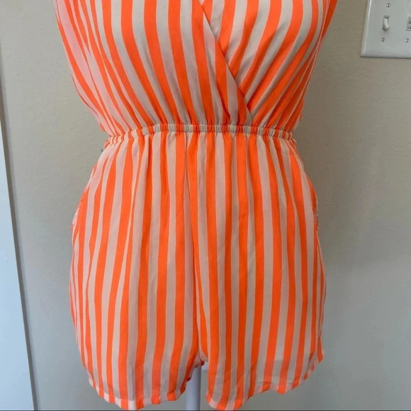 CALS Orange and White Stripped Romper Shorts with Pockets and Plunging V Neck S - Picture 6 of 13